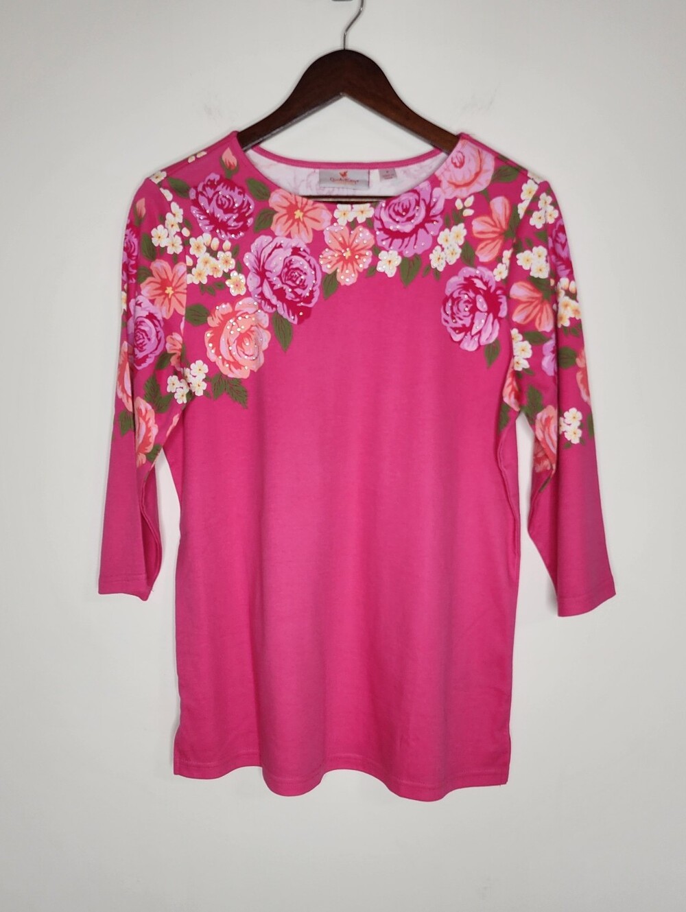 Quaker Factory Pink Floral Rhinestone Yoke 3/4 Sleeve Top Cotton Small Feminine